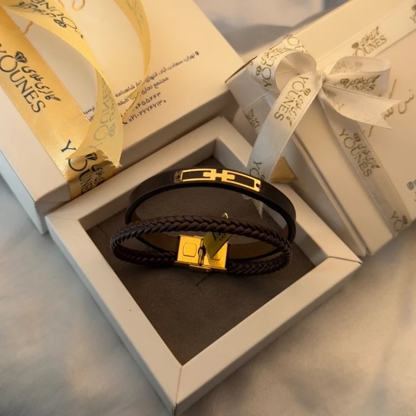 تصویر دوم دستبند طلا چرم مردانه هرمسی L134